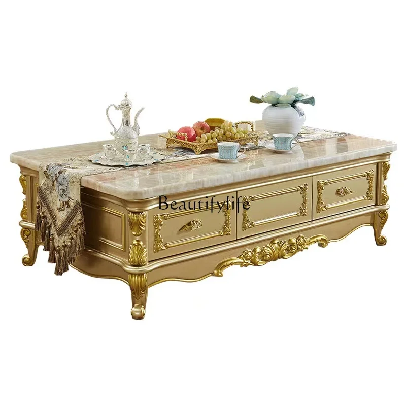 

European marble coffee table TV cabinet combination living room solid wood carving flower champagne gold tea table