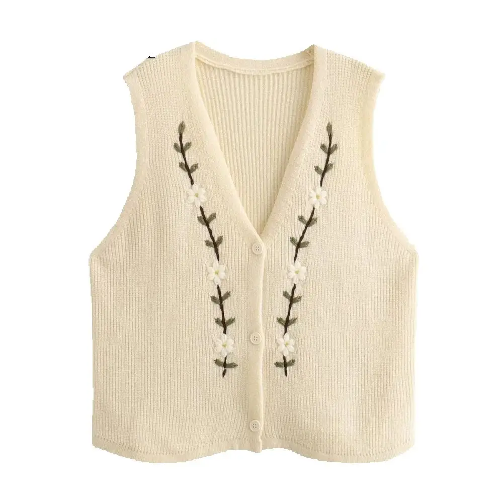 

Women's Knitted Loose Top V-neck Sleeveless Embroidered Button Spring/Summer New Fashion Tank Top