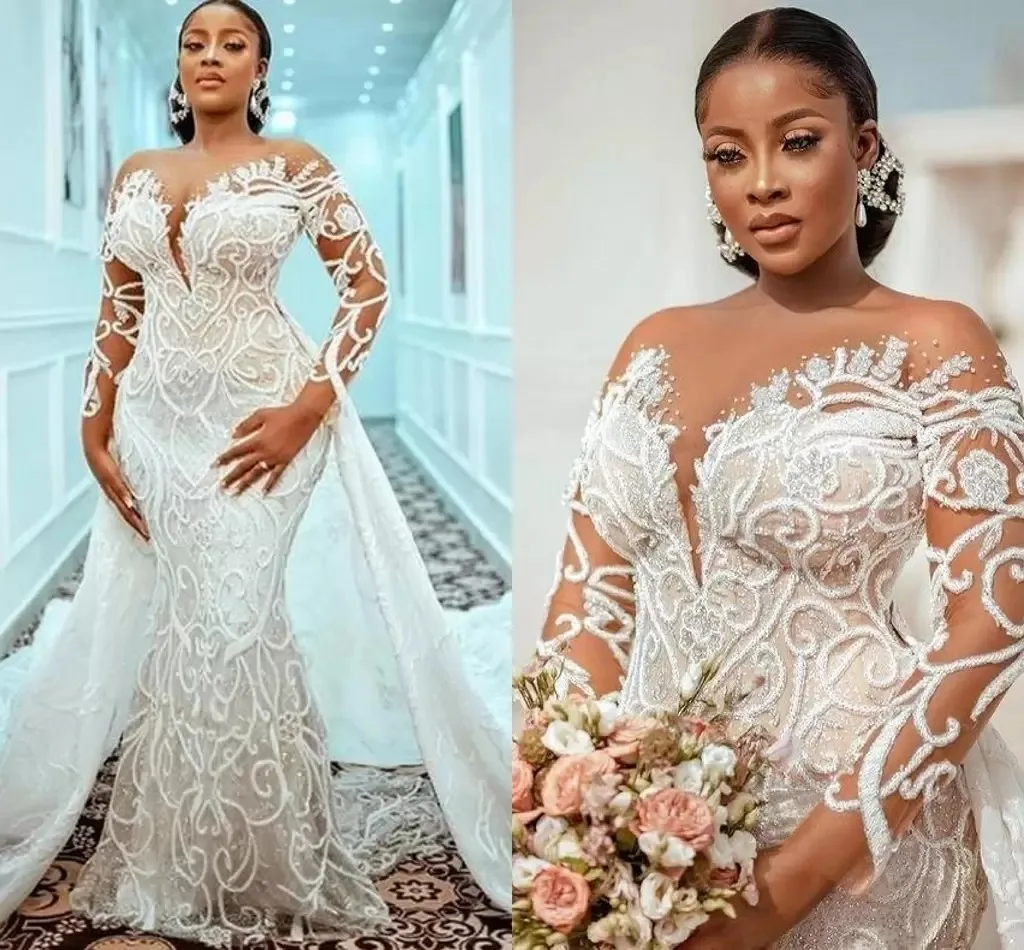 

Plus Size Mermaid Wedding Dresses Detachable Train Beaded Lace Appliqued African Aso Ebi Bridal Gown Robe De Mariée