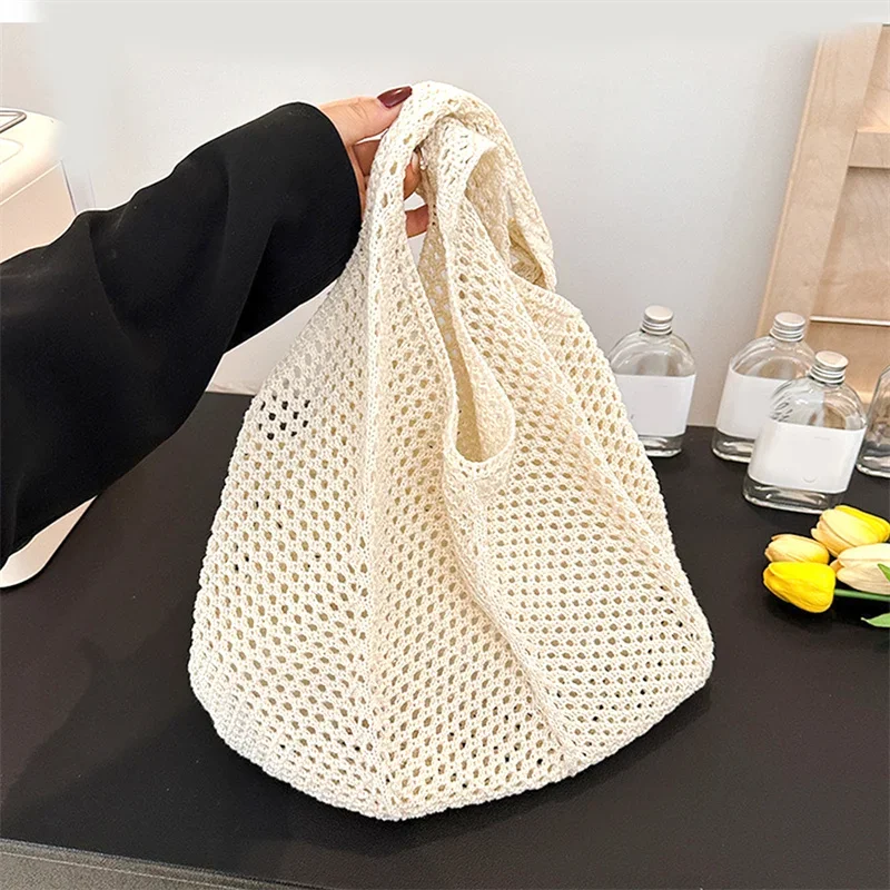 Women Crochet Tote Bag Mesh Beach Shoulder Bag Large Capacity Fashion Knitted Bag Simple Shopping Handbag for Travel Vacation