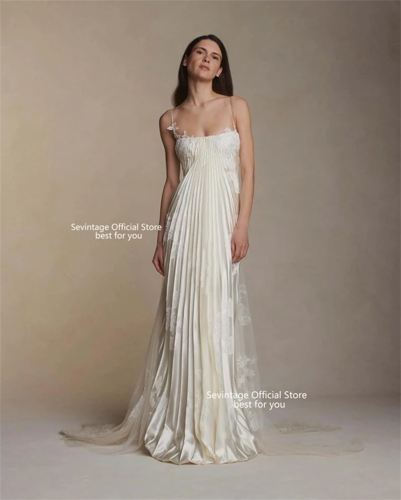Sevintage Boho Lace Wedding Dresses Mermaid Draped Pleats Bridal Gowns Spaghetti Straps Wedding Dresses Backless Train Women2024