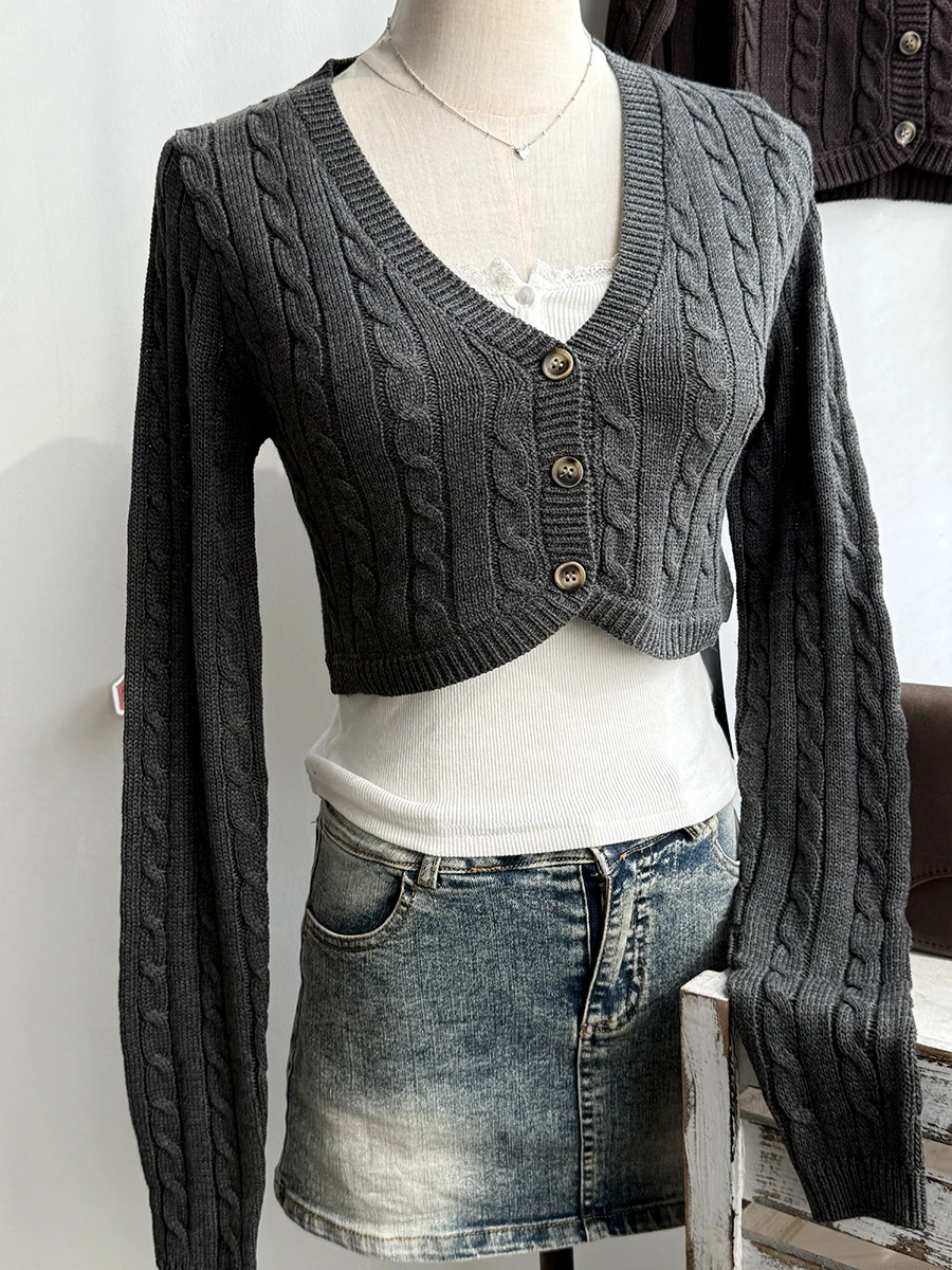Twisted Flower Cropped Knitwear Women Cotton V-neck Single Breasted Long Sleeve Slim Crop Tops Vintage Chic Sweater Cardigan Y2K image 5
