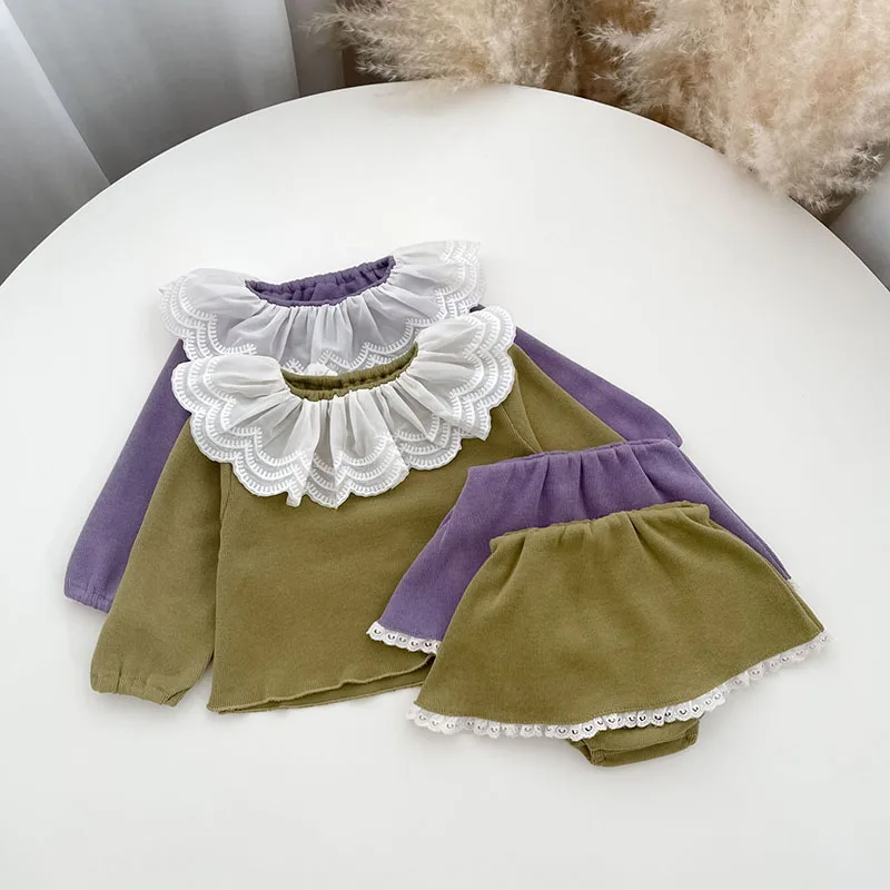 MILANCEL New Autumn Baby Clothes Set Toddler Cute Color Blocked Lace Top + Culotte Infant Girls Princess Style Suit