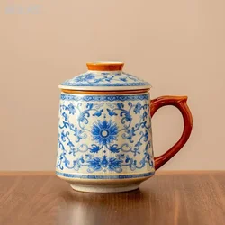 430ml Blue and White Ge Kiln Entwined Lotus Office Cup Ceramic with Lid Tea Water Separation Cup Household Chinese Tea Cup