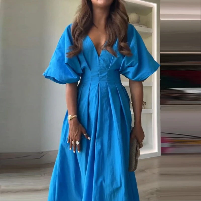 

Женское Плиссированное Платье с V-образным вырезом, голубое пляжное платье свободного кроя с высокой талией, повседневное длинное платье с открытой спиной и коротким рукавом, платья