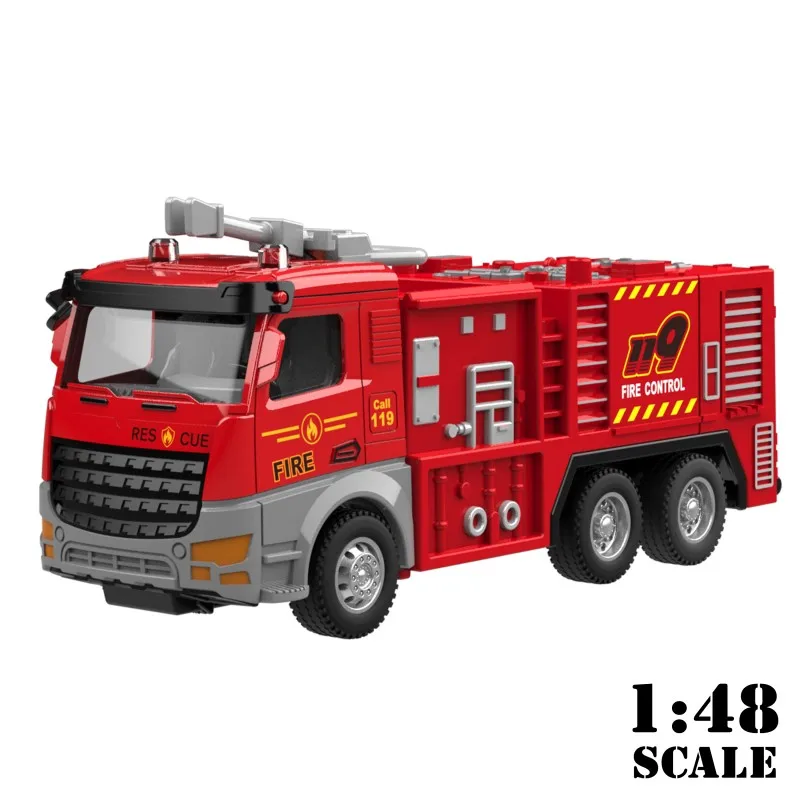 MQUDUO 1:48 Alloy Fire Truck Model, Die Cast Red Emergency Rescue Vehicle with Roof Equipment and Side Panels Display Gift