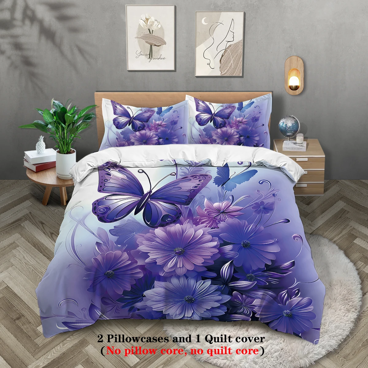 

3pcs fashionable purple butterfly printed bedding set, soft and comfortable, for women bedroom, queen, king and twin bed