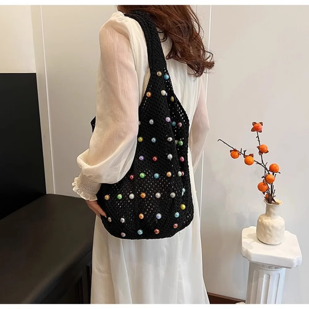 

Casual Woven Hollow Shoulder Bag for Women Fashionable Simple Underarm Bag Pearl Decoration Tote Bag Vacation Beach Armpit Bag