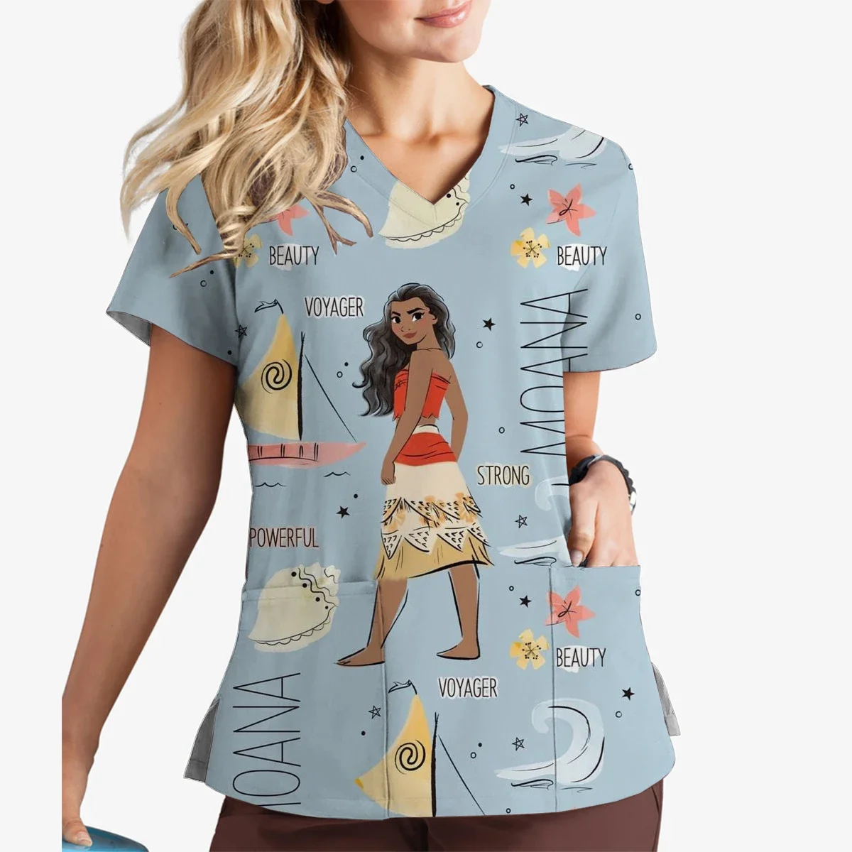 Disney Moana princess print V-neck print top short-sleeved top hospital nurse Caregiver Pet store work uniform