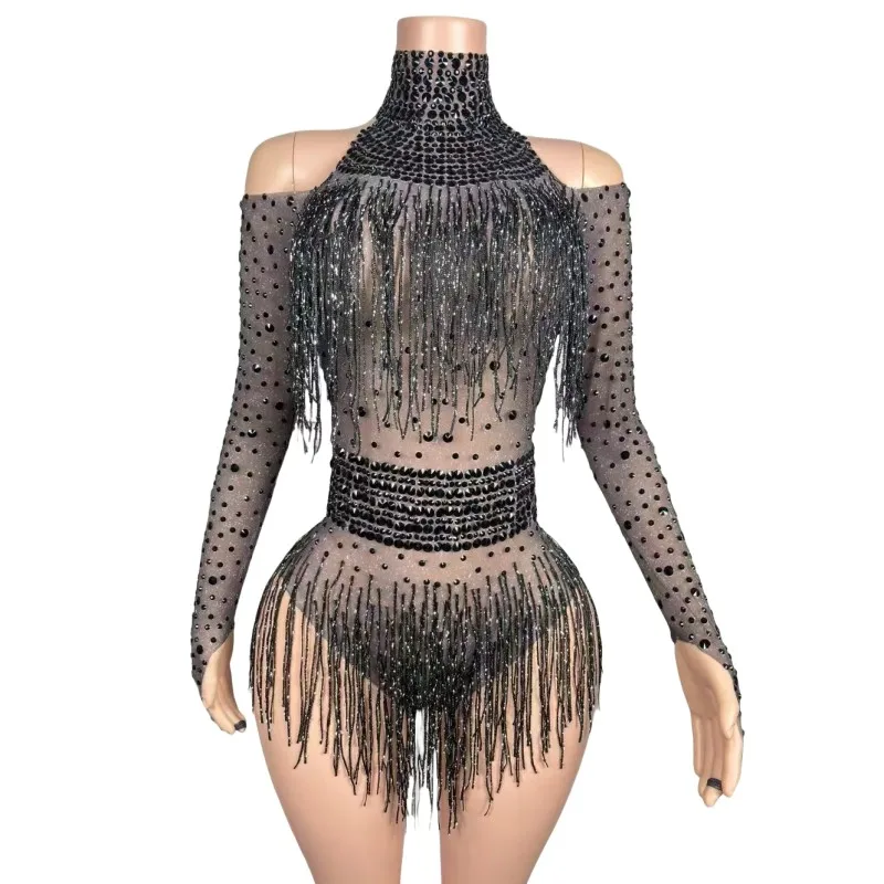 

Sexy Crystal Tassel Bodysuit Nightclub Bar Women Dancer Singer Performance Stage Wear Pole Dance Fringe Leotard Party Costume