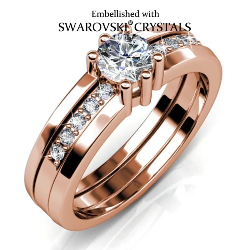 Daisini 2 in 1 Wedding Ring with Swarovski Crystals Luxury Rose Gold Color Double Row for Women Romantic Engageme Party Jewelry