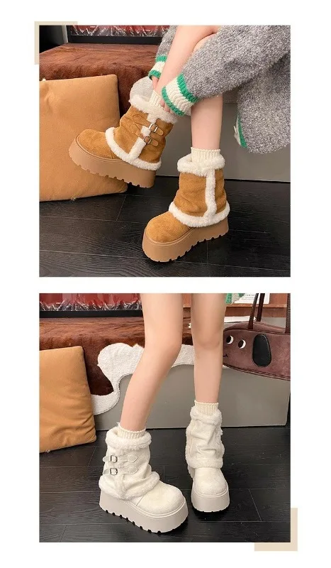 Winter Damen Plateau-Stiefeletten mit Flauschiger Fellbesatz, Doppelschnalle, Robuster Rutschfester Sohle, Warme Kurze Schneestiefel in Weiß – Detail 3