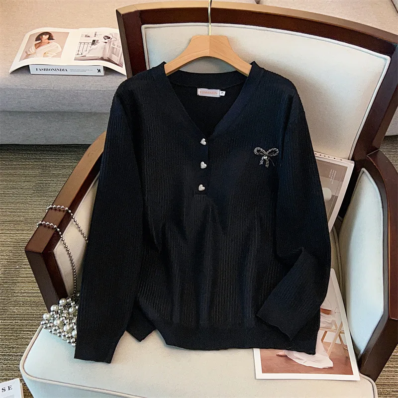 170Kg Plus Size Women's Bust 160 Autumn Winter V-Neck Knitted Sweater Black Apricot 4XL 5XL 6XL 7XL 8XL 9XL