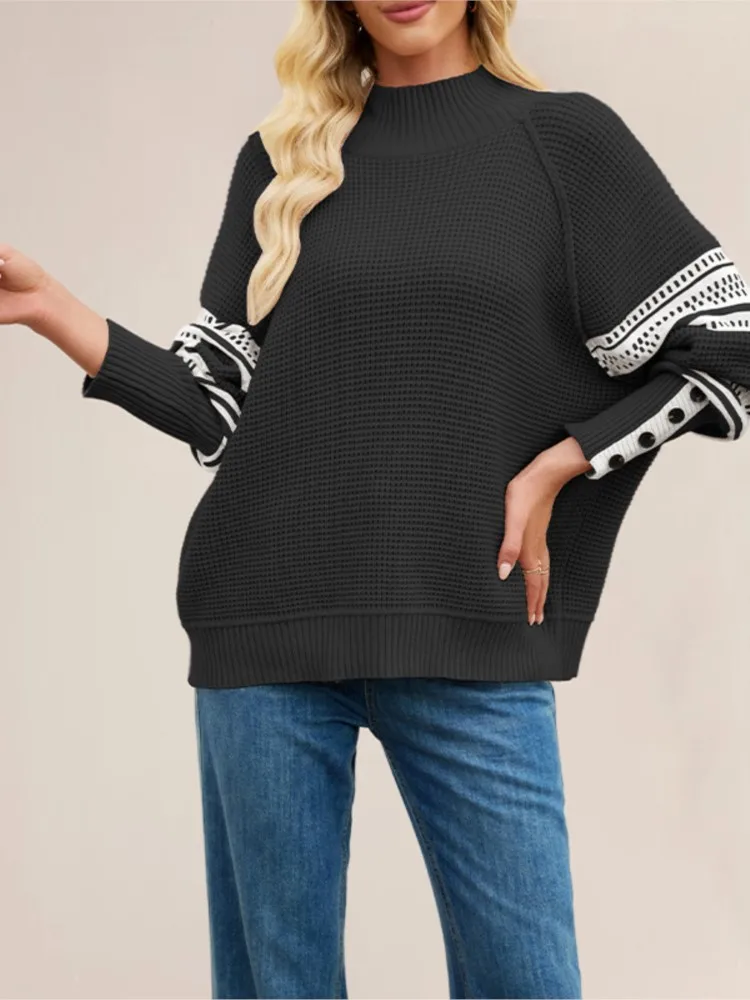 

Fashion Knitted Sweater Half High Collar Long Sleeve Button Decorative Pullover Autumn/Winter Women's Casual Elegant Sweater