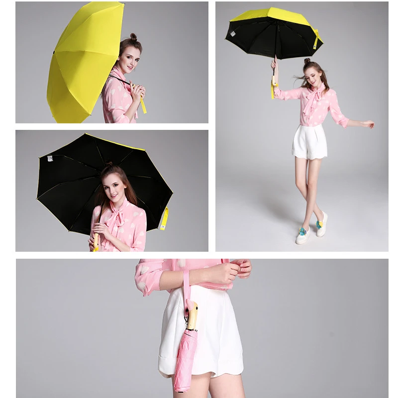 Cute Duck Head Wooden Handle Folding Semi-Automatic Sun Umbrella Windproof Black Coating Uv Protection Lady Umbrella