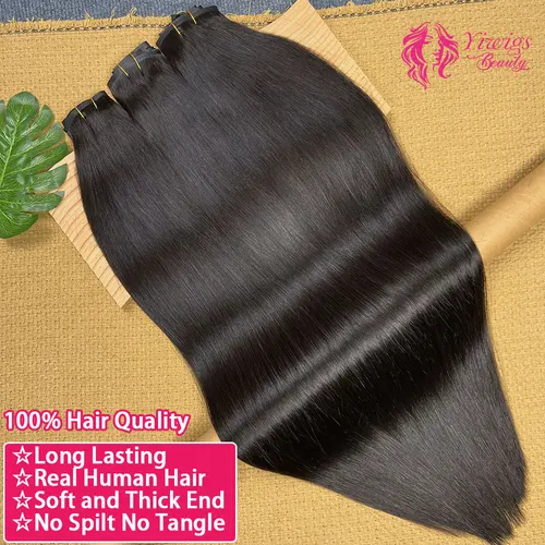 Imagen 2 del producto Extensiones de cabello con Clip de PU Invisible sin costuras 15A, cabello humano liso negro Natural, 100% cabello humano crudo, 100g, 7 unidades/juego