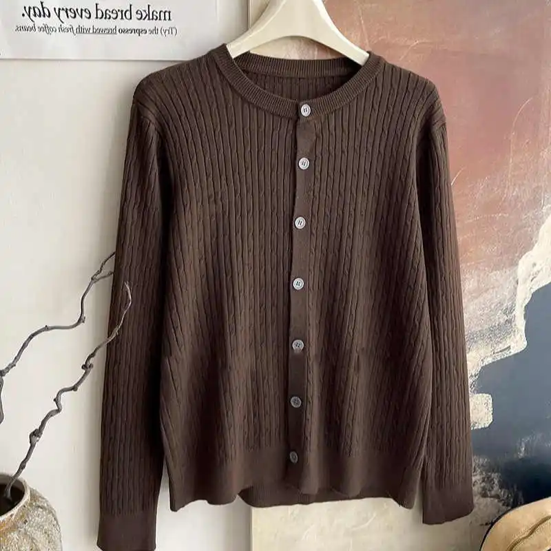 

2025 Pure Color Long Sleeve Single Breasted Knitted Sweater Autumn Winter Women's Crew Neck Cardigan New Casual Versatile Tops