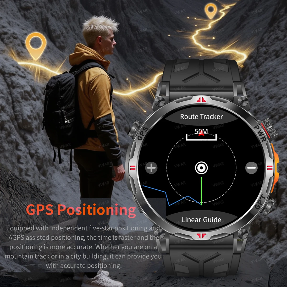 VWAR GPS Смарт-часы для мужчин 30 м Водонепроницаемый компас GPS Смарт-часы Bluetooth Вызов 1,56-дюймовый AMOLED-экран Военный класс Smartwatch 2025