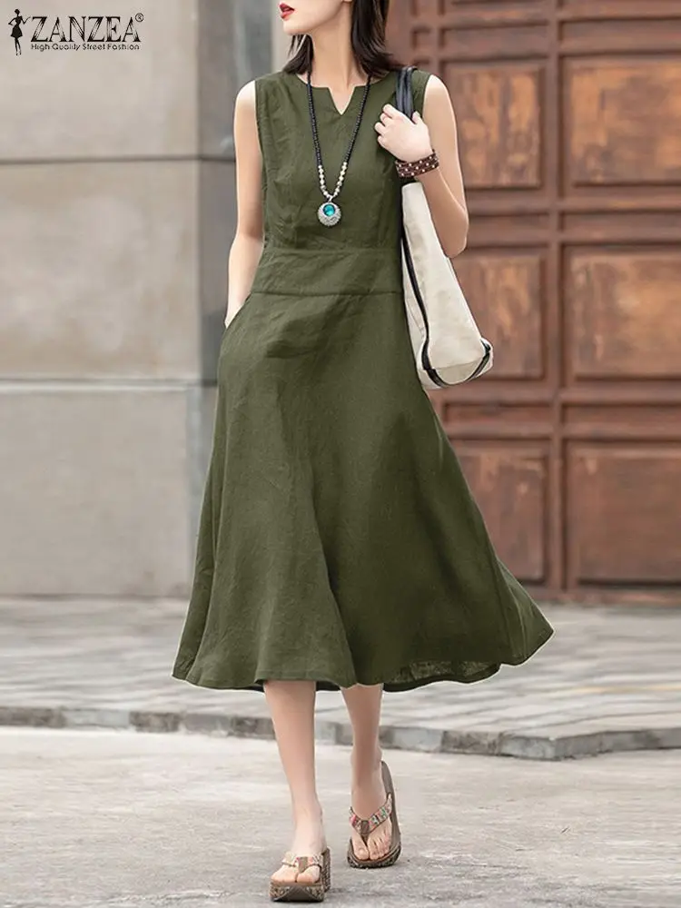 

ZANZEA Woman Summer A-line Dress Sleeveless V-Neck Solid Color Side Zipper Sundress Femme Vintage Casual Elegant Work OL Robe