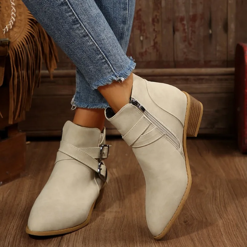 

New Autumn Women's Leather Boots Belt Buckle Outdoor Footwear Fashion Pointed High Boot Casual Comfortable Women's Shoes