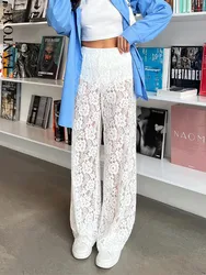 Fantoye Sexy See Through Lace Women Pant White Hollow Out High Waist Two Piece Sets Female Autumn Casual Outside Streetwear 2024