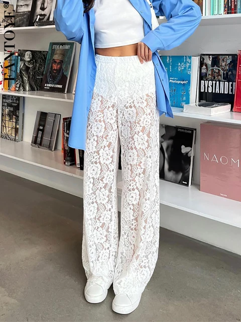 Women Lace Up Pants women s Lace up High Waist Wide Leg Pants Summer Floral Lace Two piece Set