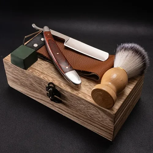 Imagen 1 del producto Afeitadora de alta gama para hombres, juego de maquinillas de afeitar de barbero de borde recto, cuidado Manual de afeitado de barba con paño de limpieza, cepillo de reparación, piedras de molienda