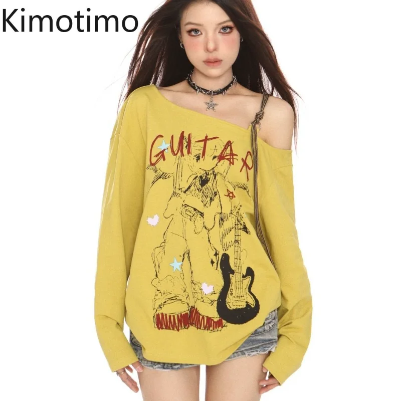 

Kimotimo American Retro Off Shoulder Long Sleeve T-shirt Women Cartoon Printed Loose Versatile Tops Street Sweet Casual Tees INS