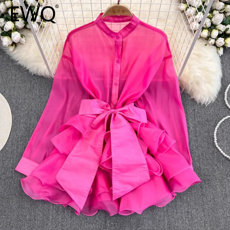 EWQ Casual Bow Belt Ruffle Design For Women Sunscreen Long Sleeve Single Breasted Fashion Top Clothing 2024 Summer New 27C927