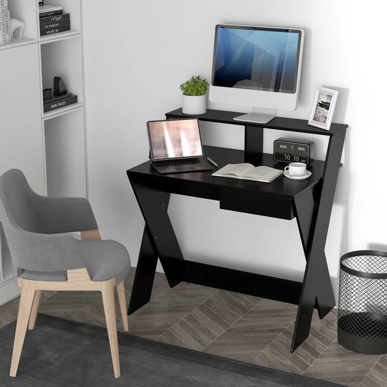 

Computer Desk Study Writing Table Small Space w/ Drawer & Monitor Stand