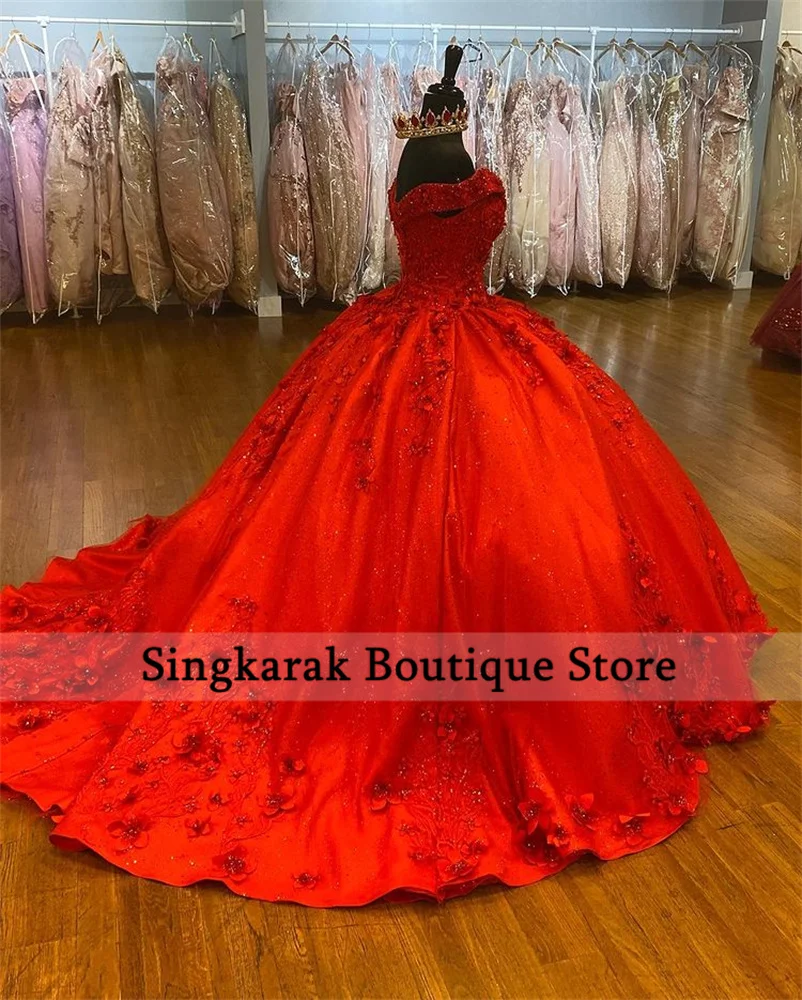 Luxe Rode Quinceanera Jurken V-Hals Baljurk Appliques Kralen Off Shoulder Sweet 16 Feestjurk Vestido 15 Anos