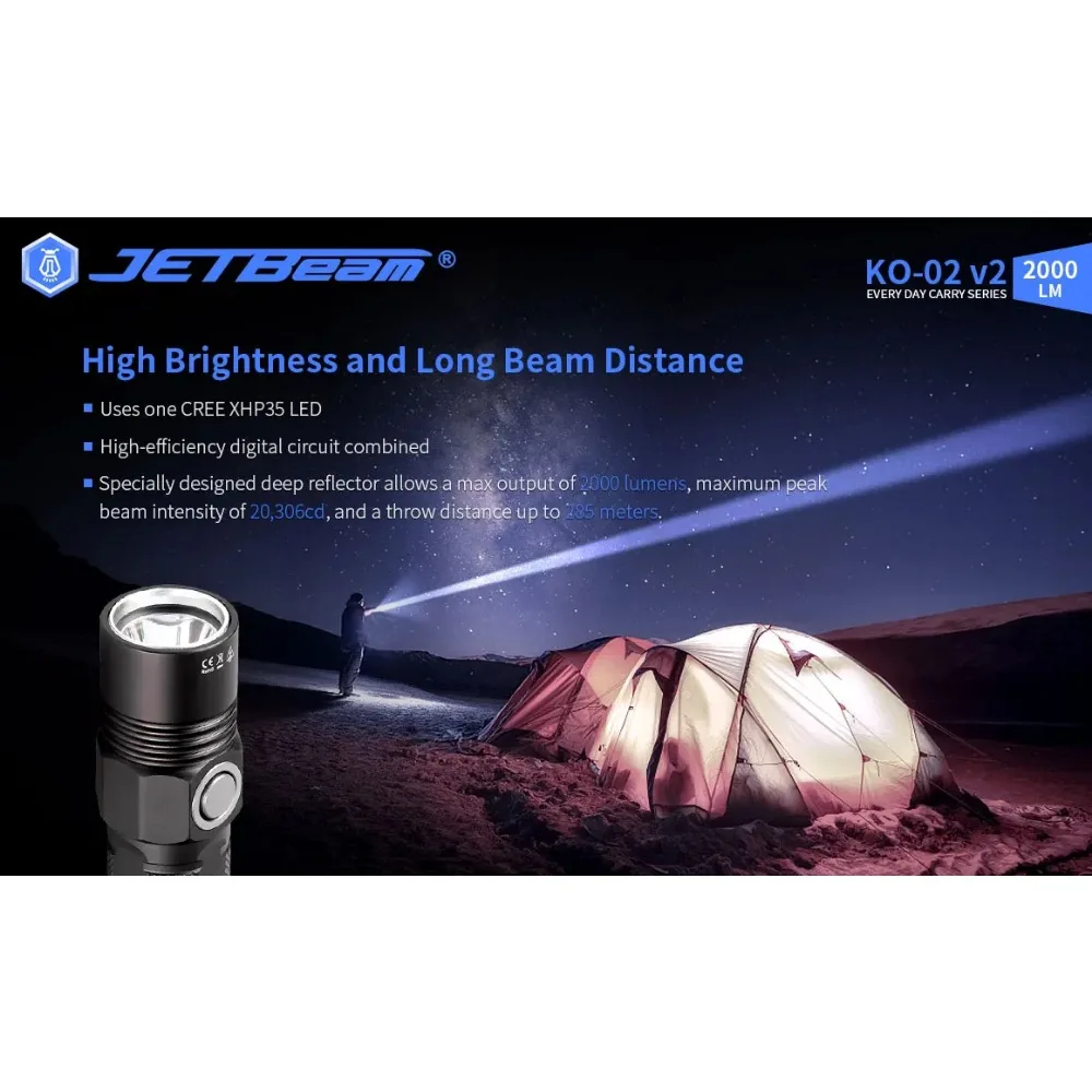 Jetbeam KO-02 V2.0 2000 Lumen USB Type-C Rechargeable LED Flashlight Compatible with 21700 Battery High-Intensity Portable Light