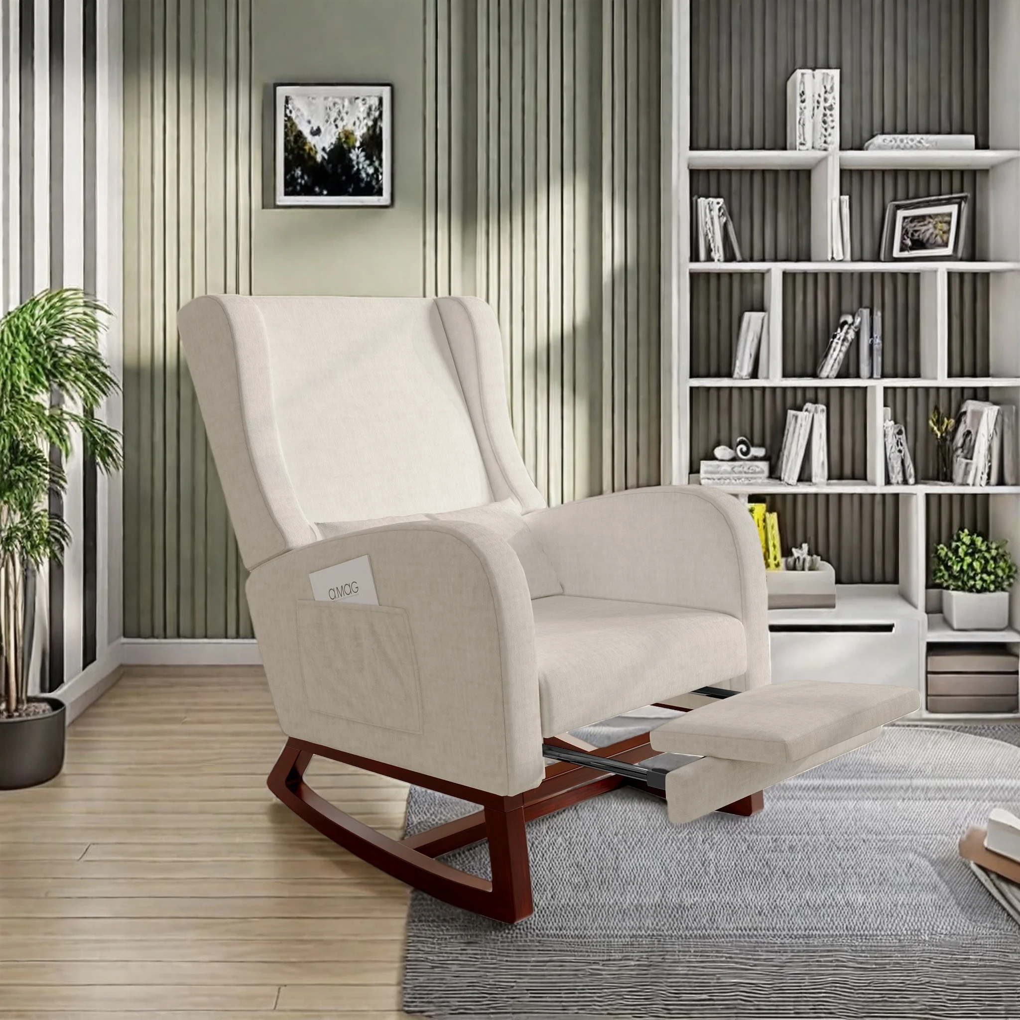 Sillón Comanlai, Beige, Sillón Reclinable con Reposapiés y Cojín, Sillón de Lectura, Sillón para TV en la Sala de Estar