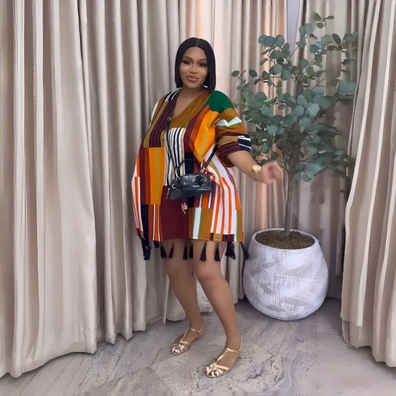 Unique Designer Plus Size Short Dress Color Block Print Hem Tassel Loose Casual Vacation Style Versatile Women Summer Dress