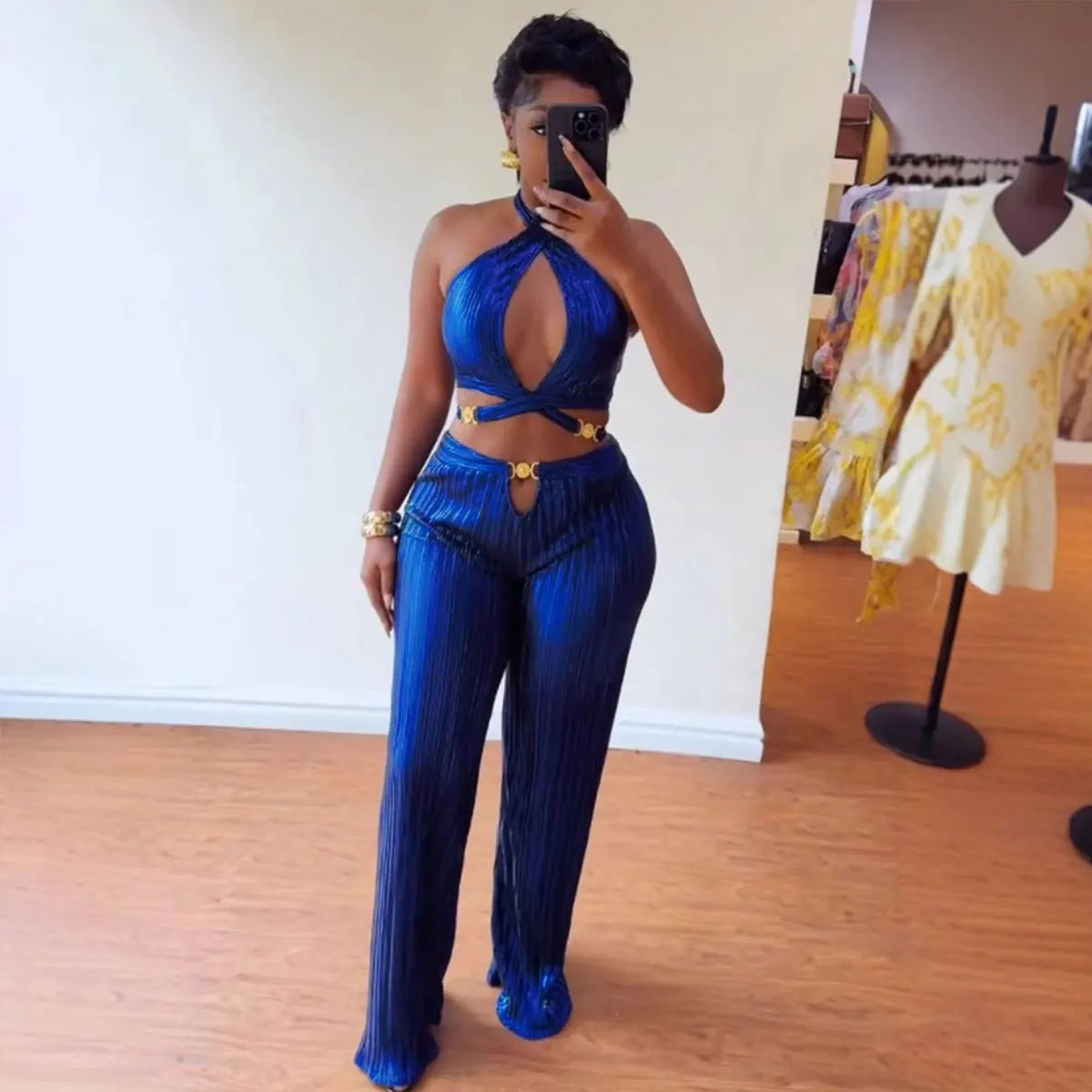 Streetwear Women's Set Sleeveless Halter Crop Pleated Top+Wide Leg Pants Sexy Backless Party Two 2-Piece Set Outfits