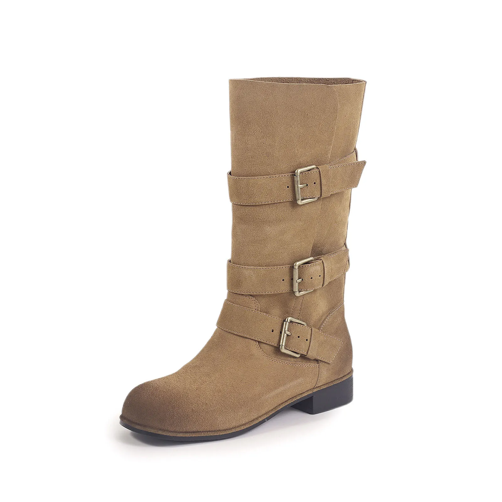 Arden Furtado – bottes d'équitation en daim de vache pour femmes, bout rond, à enfiler, mi-mollet, avec boucle de ceinture, talon bas, grande taille, automne