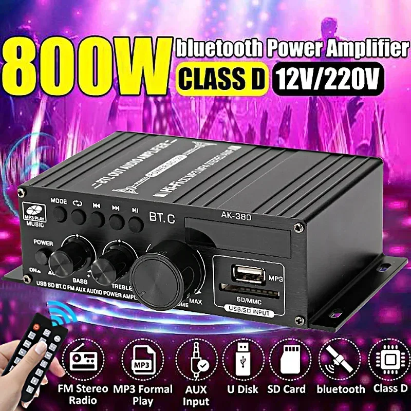 Amplificador Bluetooth AK380/AK370/AK170 800W Audio Karaoke amplificadores de cine en casa 2 canales de potencia Clase D amplifie-r USB SD AUX