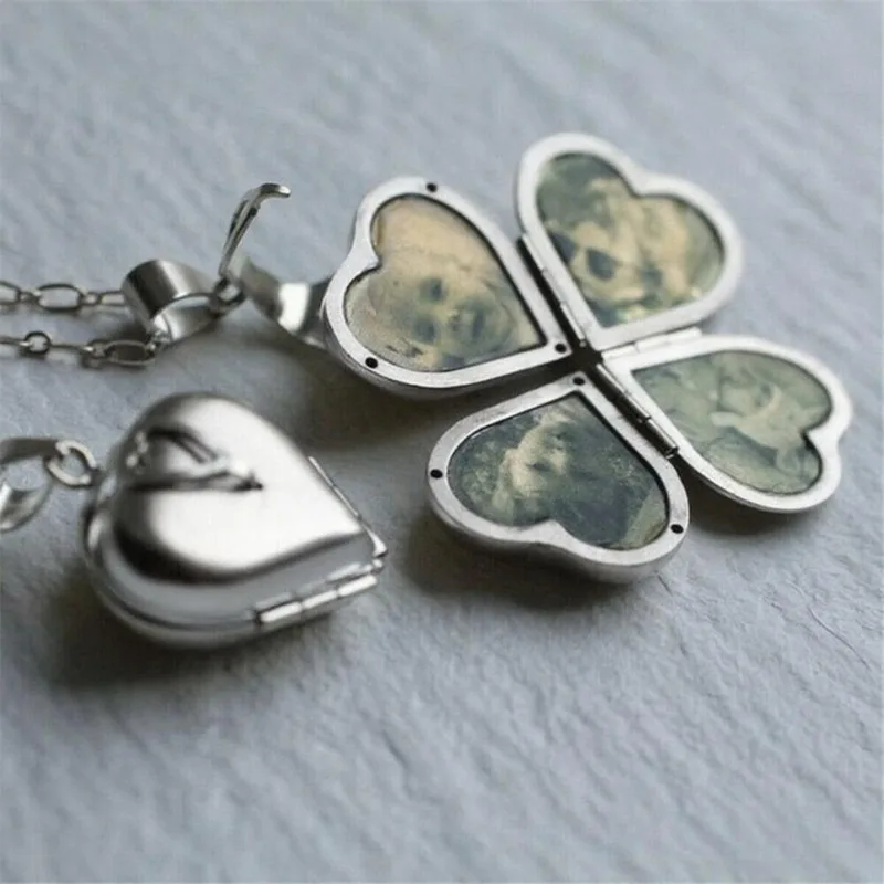 Vintage Silver Color Necklace Folding Multi-layer Heart Family Locket Personalised Photos Clover Pendant Fashion Party Jewelry