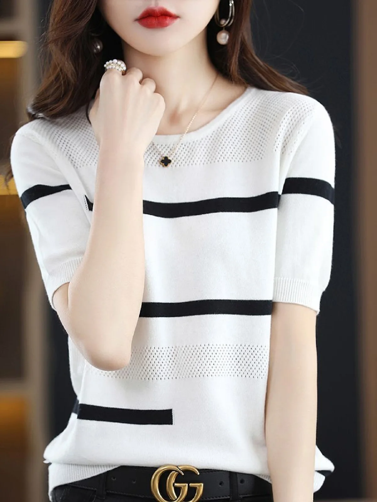 

Korean Fashion Style Summer Sweater 2023 Loose Hollow Out Striped Pullover Short Sleeve Elegant Chic Female Clothes