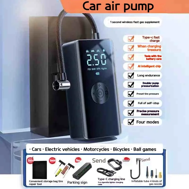

Rechargeable Cordless Air Pump, Portable Tire Inflator for Car, Bicycle, Balls, Digital Display, Fast Inflation, Lightweight & C