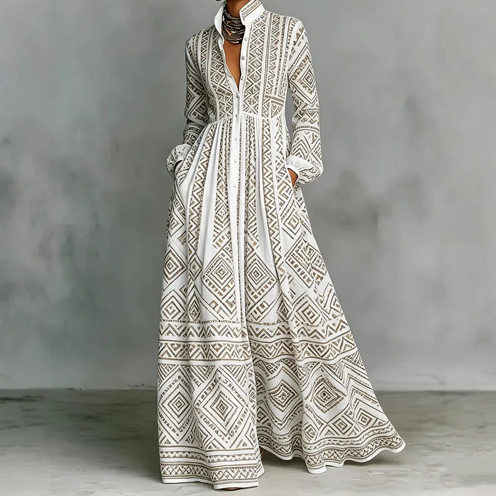 

Women's Chic Bohemian Long Sleeve Maxi Dress for Women Geometric Tribal Print Button Down Front Stylish Ethnic Summer Dress
