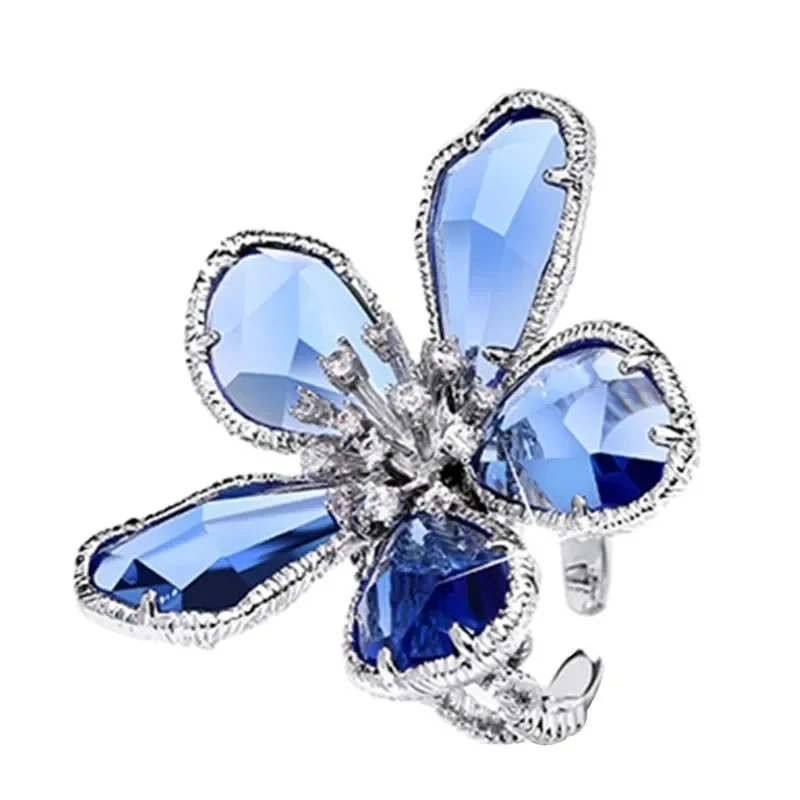 Luxury Crystal Flower Big Open Ring for Women Trendy Fashion Party Summer Holiday Statement Jewelry