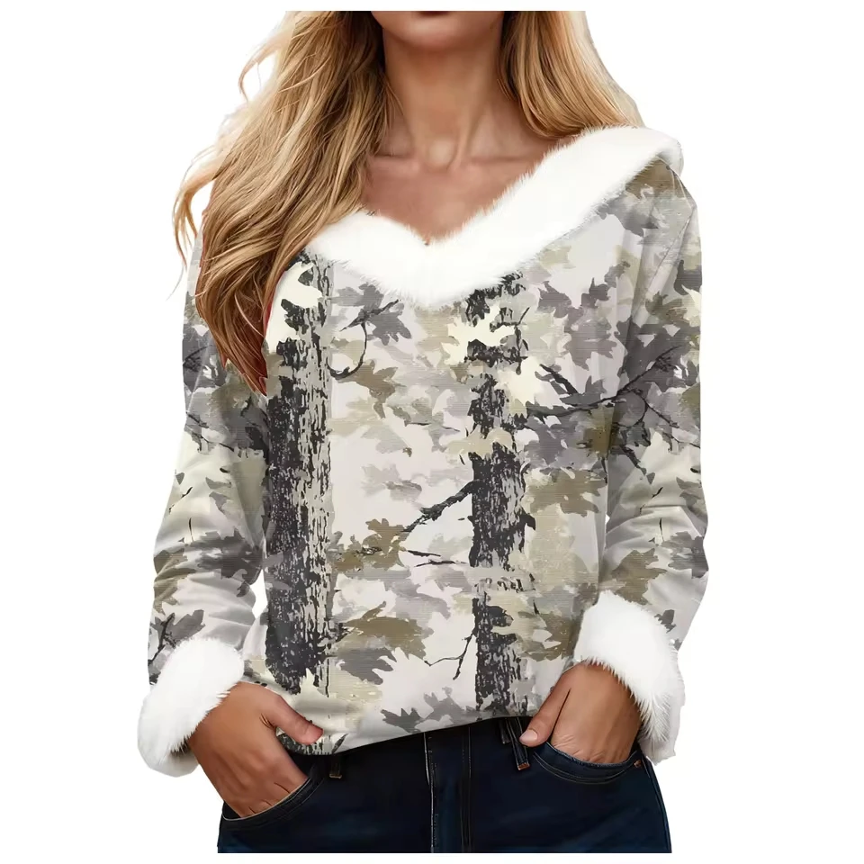 Women'S Fashion Casual Print Top V Neck Casual Loose Long Sleeve Pullover Top Comfy Autumn Shirts Femme Crop Tops