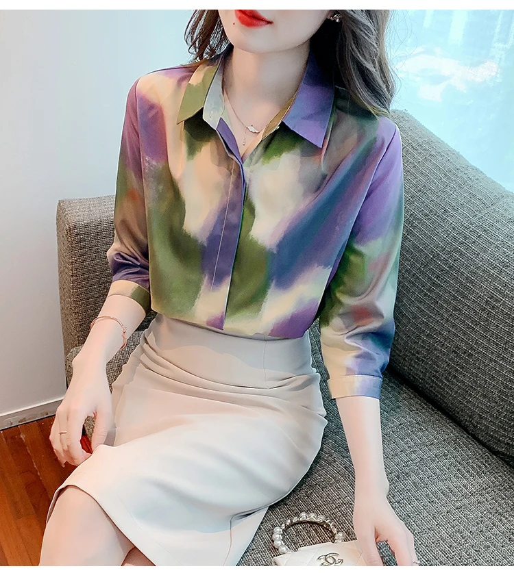 FANIECES blusa mujer Purple Printed Summer Shirts Blouse for Women Long Sleeve Slim Shirts Turn-down Collar Female Tops Blouses