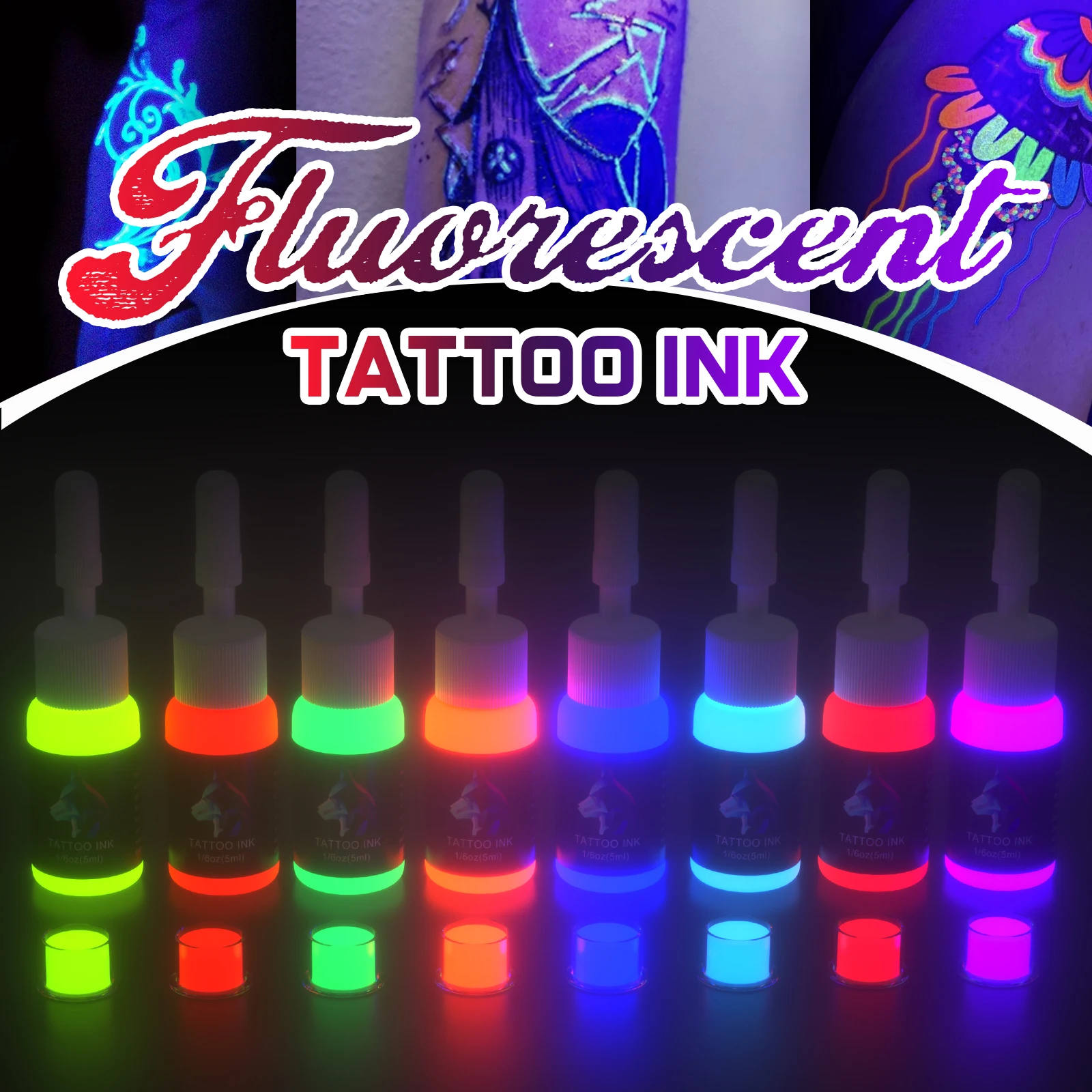 ชุดหมึกสักเรืองแสง 8 สี 15 มล. (1/2 ออนซ์) สำหรับแฟชั่นที่มีสีสันเรืองแสงศิลปะบนร่างกายเรืองแสงผลผ้าใบมนุษย์