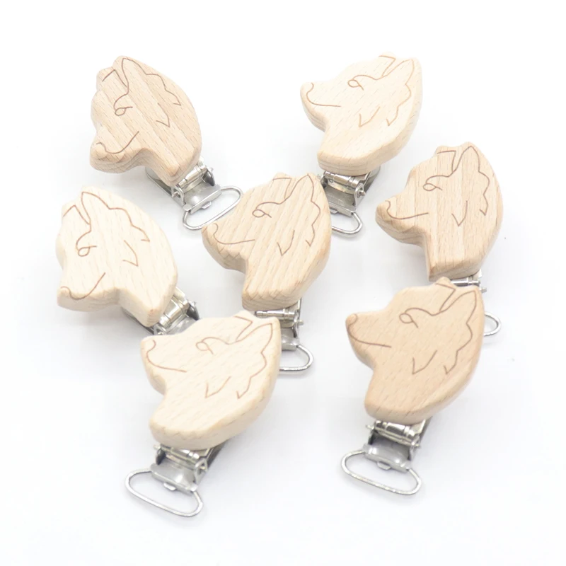 5 Piece Wooden Baby Pacifier Clip Bracket Printed Cute Wolf Baby Teeth Biting Baby Pacifier Buckle DIY Care Tool Accessories