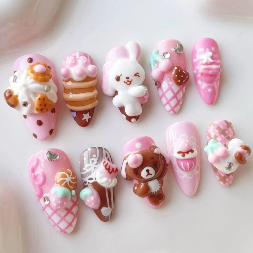 10Pcs Kawaii 3D Anime Rilakkuma Handmade Fake Nail Bowknot Dessert Chocolate Cake Pearl Nail Party Sticker