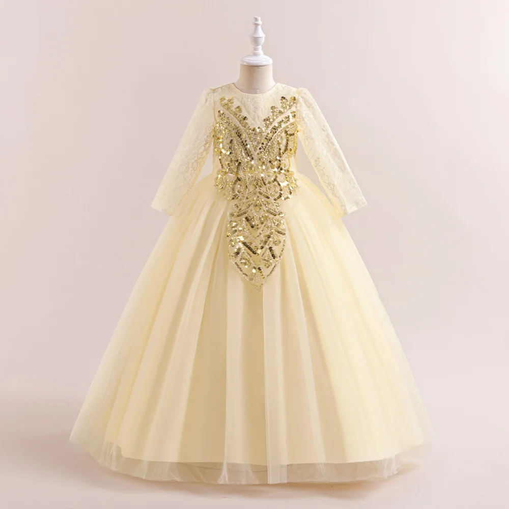 Gold Sequins Girls Dress for Party and Wedding Tulle Luxury Princess Ball Gown Birthday Dresses Girl Bridemaids Evening Costumes