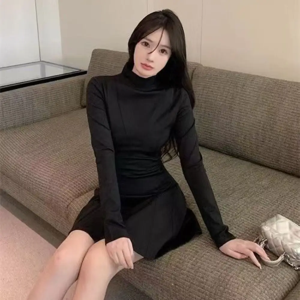 Long Sleeved Christmas Red Dress Short Skirt Pleated Girls Irregular Dress A-line Half High Collar Slim Thin Dress Streetwear