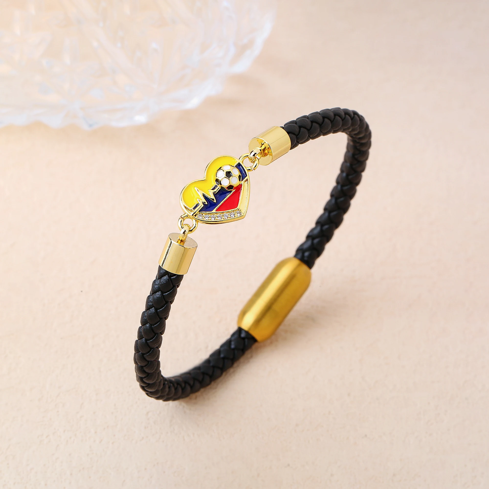 Enamel Art Colombia Venezuela Mexico Flags Maps Braided Leather Rope Bracelet for Man Woman Stainless Steel Jewelry Daily Wear